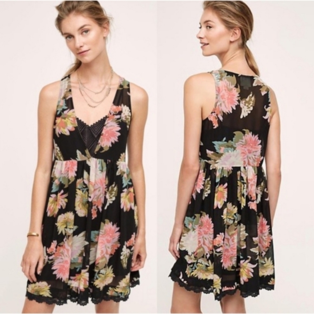 MAEVE Anthropologie Violetta Dress Sheer Floral Babydoll Sleeveless Lace Trim XS